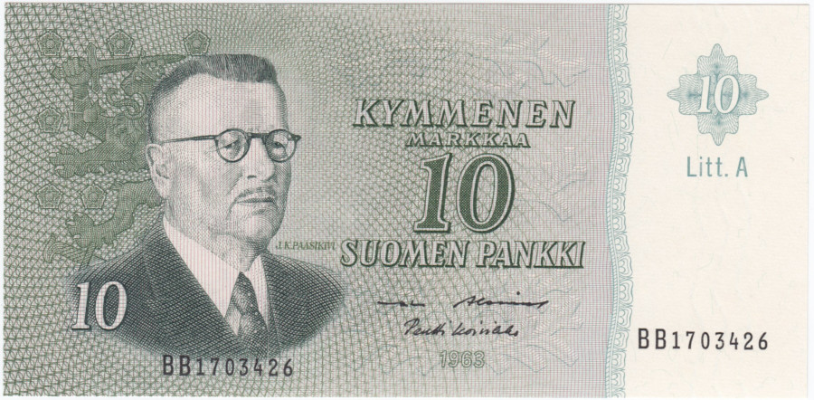 10 Markkaa 1963 Litt.A BB1703426 UNC